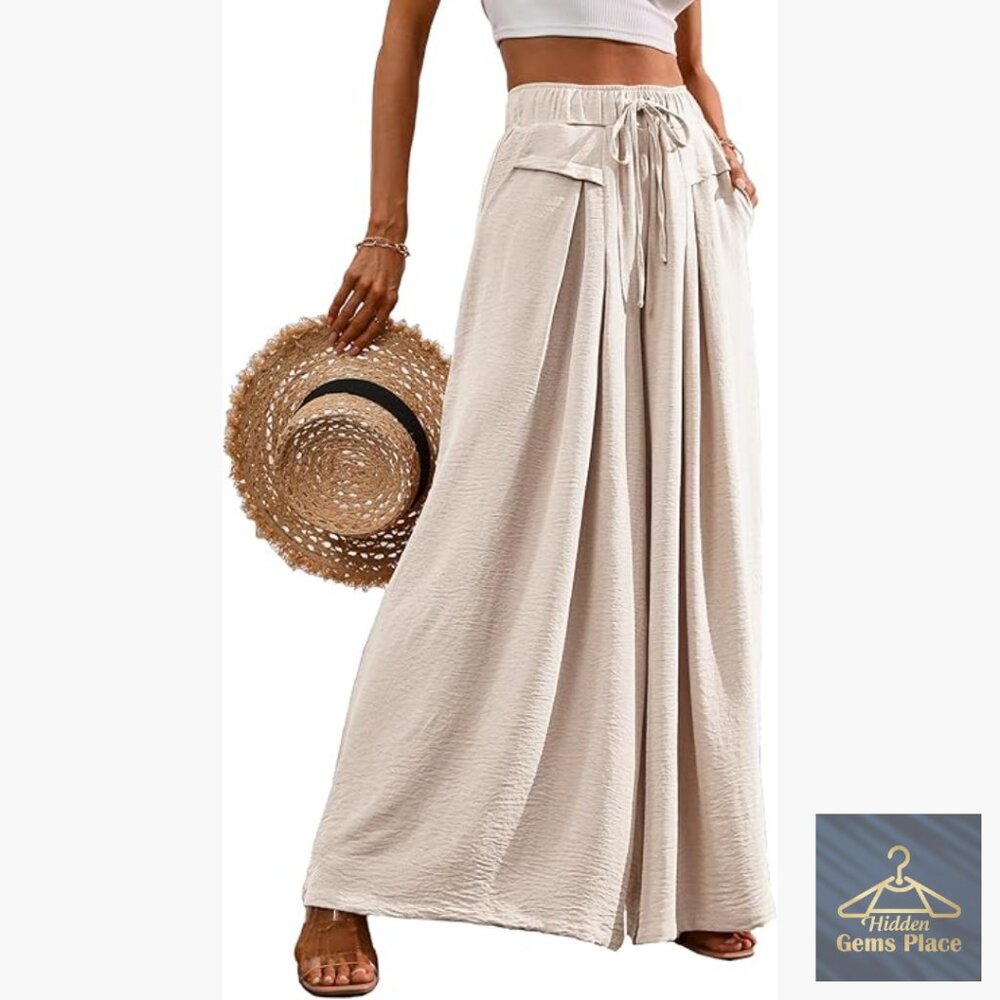 Flowy Wide Leg Palazzo Pants Elastic Waist Pockets Casual Lounge Trousers